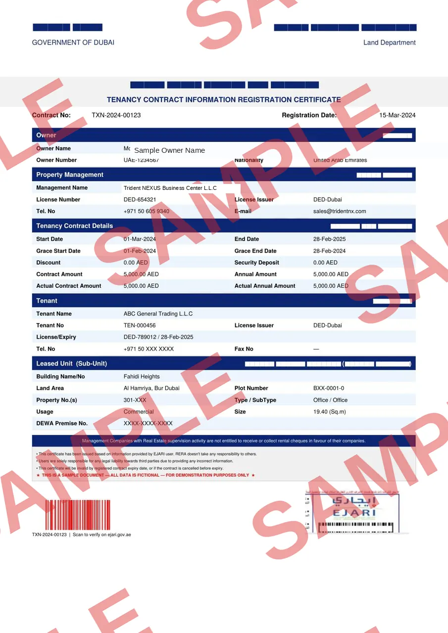 Sample tenancy contract registration certificate — illustrative example only, all data fictional